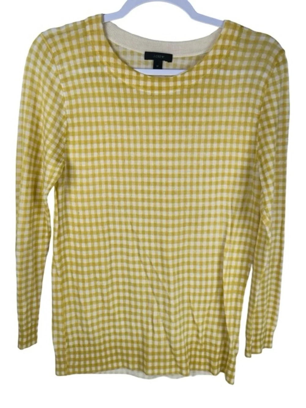 J. Crew Yellow White Gingham Check Merino Wool Long Sleeve Crew Sweater Medium